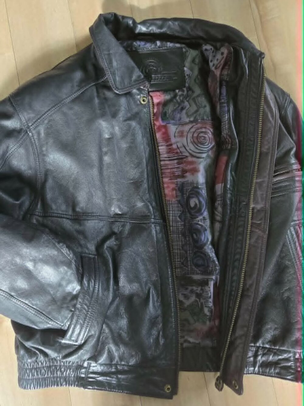 90s Cricketeer Leather Bomber Jacket Mens Boxy Fit Vintage Brown Abstract Lining